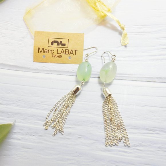 SIlver Bead Tassel Natural Stone Earrings Green - Picture 1 of 4
